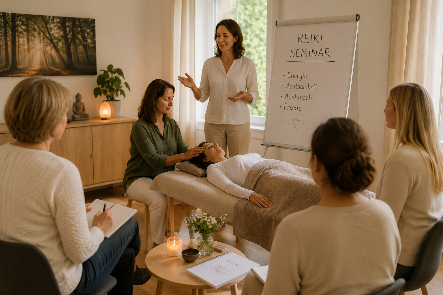 Reiki-Seminar mit kleiner Gruppe in ruhiger Praxisatmosphäre